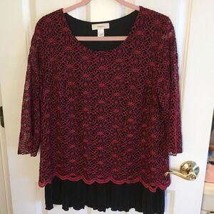 NWOT. CJ Banks Women’s Sz 14W Red Lace Overlay & Black 3/4 Sleeve Top